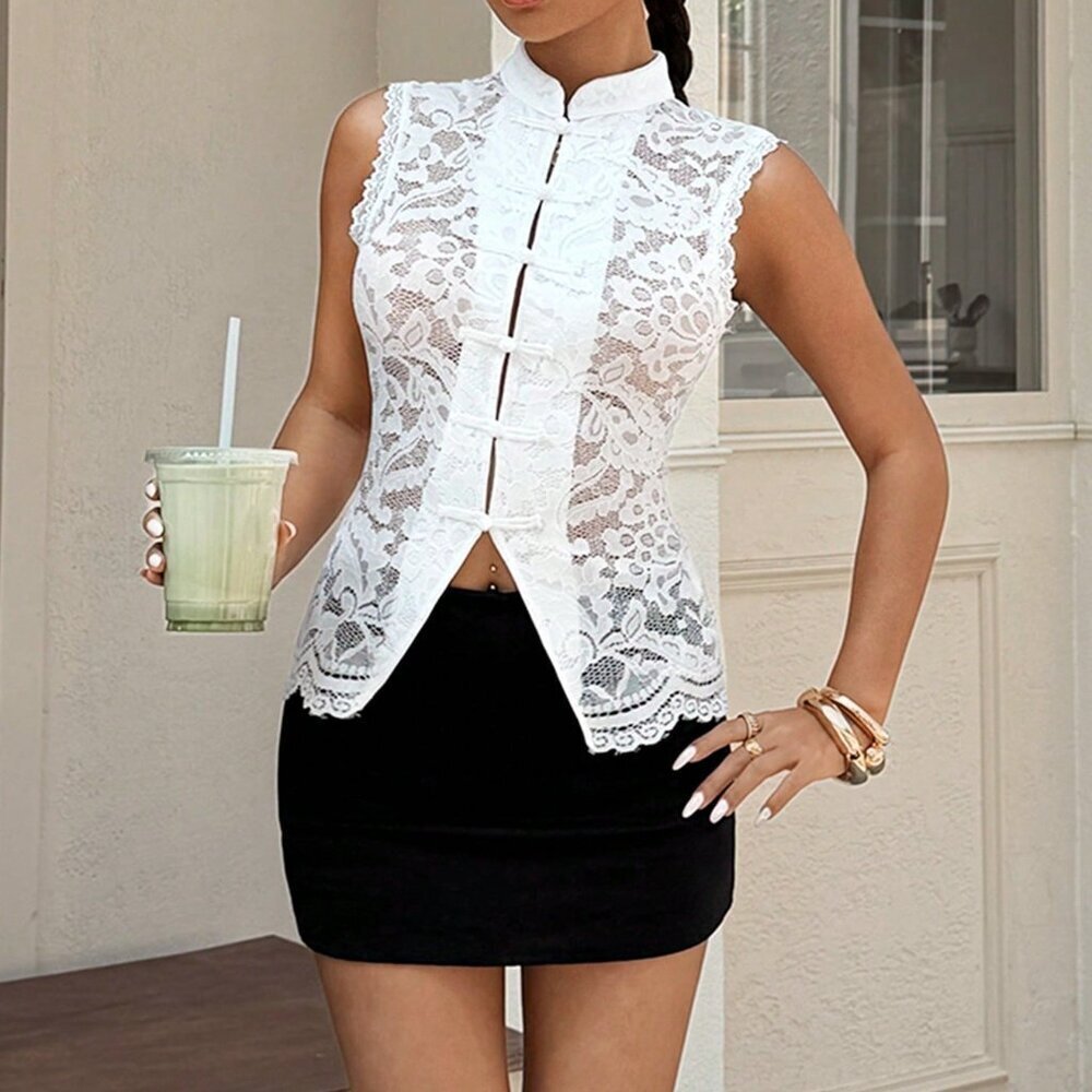 White Casual Women's Lace Bodysuit Sleeveless Shirt